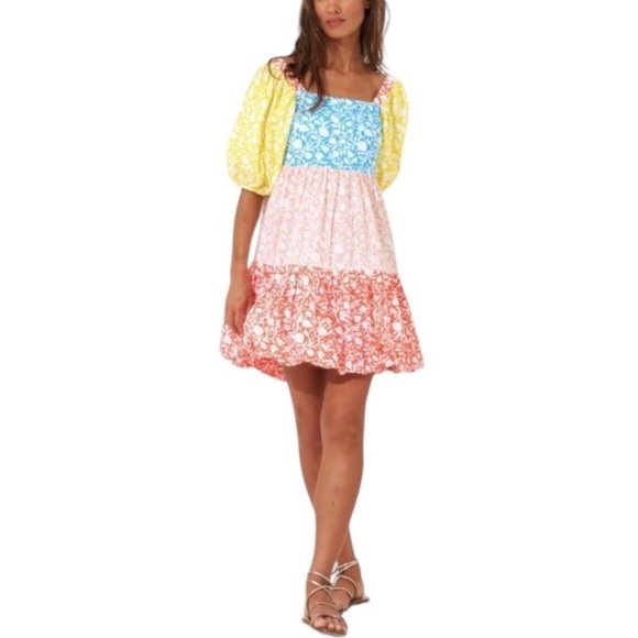 Oliphant NEW Bubble Skirt Puff‎ Sleeve Mini Dress in Canary Multi Women's Size S